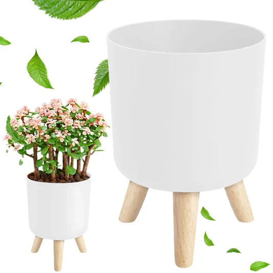 Fehér műanyag virágcserép fa lábakkal, 14 cm átmérő, 19,5 cm magas