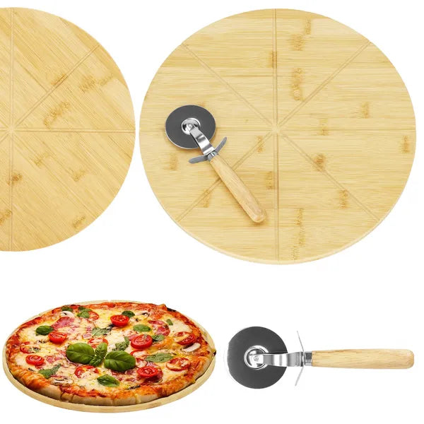 Bambusz pizzatálca 33 cm vágókéssel, barázdált, 1,5 cm