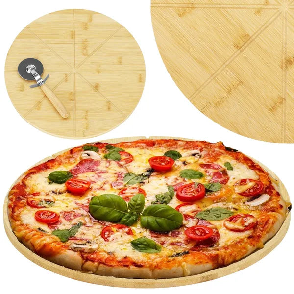 Bambusz pizzatálca 33 cm vágókéssel, barázdált, 1,5 cm
