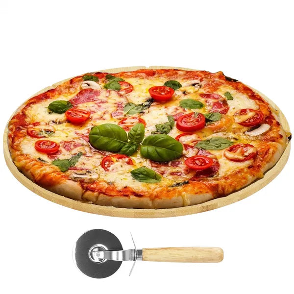 Bambusz pizzatálca 33 cm vágókéssel, barázdált, 1,5 cm