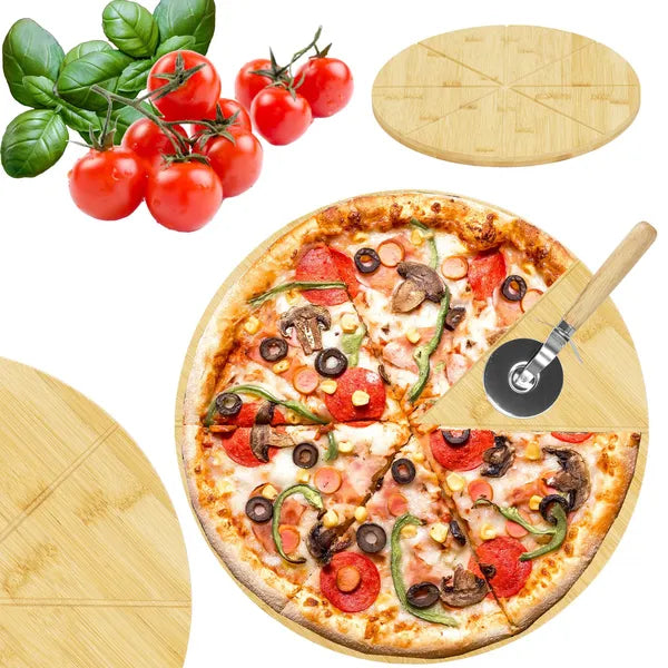 Bambusz pizzatálca 33 cm vágókéssel, barázdált, 1,5 cm