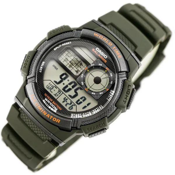 Casio AE-1000W-3AV férfi digitális karóra, zöld, WR100, world time