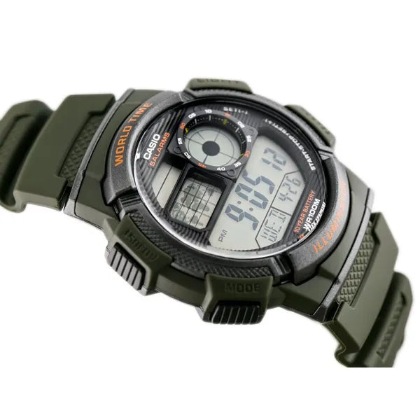 Casio AE-1000W-3AV férfi digitális karóra, zöld, WR100, world time