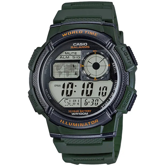 Casio AE-1000W-3AV férfi digitális karóra, zöld, WR100, world time