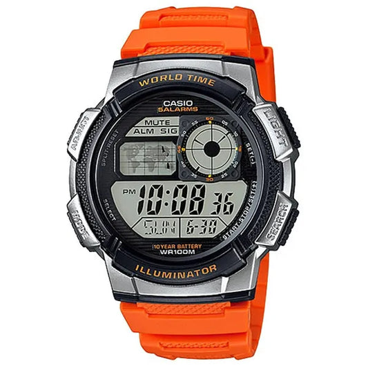 Casio AE-1000W-4BV férfi digitális karóra, WR100, world time, narancs