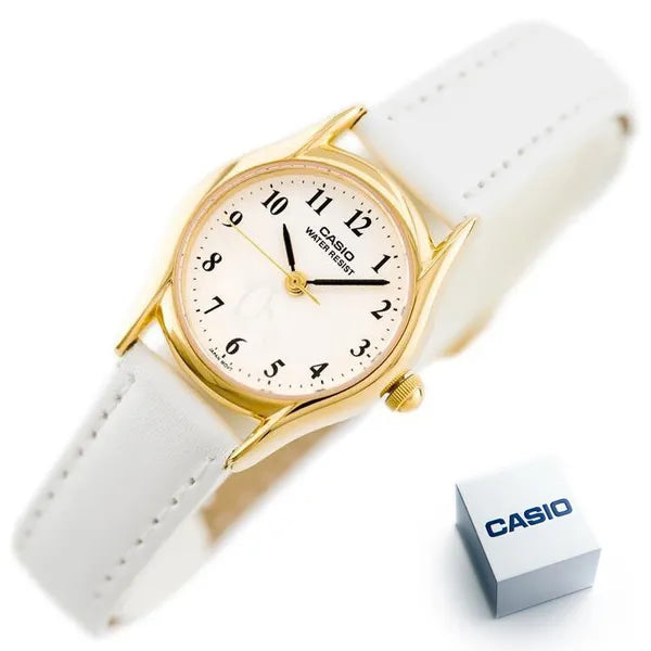Casio LTP-1094Q-7B6 lányka karóra fehér bőrszíjjal, arany tok, WR30