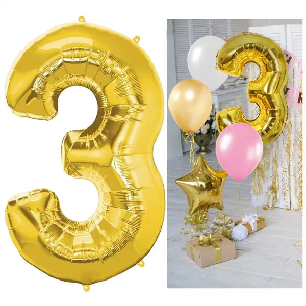 Arany fóliás szám lufi 3-as, 40 cm, 4 akasztófül, 1 db