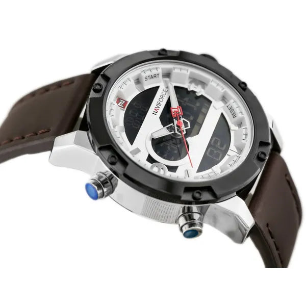 Naviforce NF9097 férfi karóra, barna bőrszíj, ezüst tok, WR30