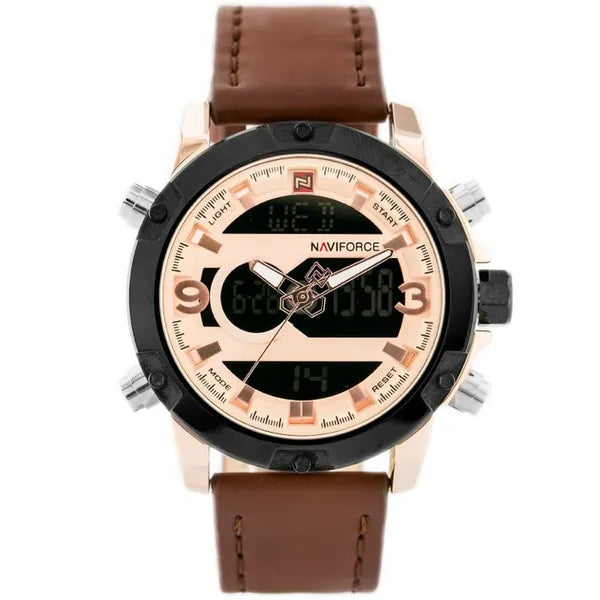 Naviforce férfi kvarcóra, barna bőr szíj, rozéarany 47 mm kronográf