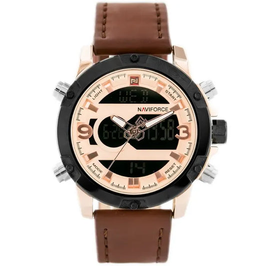 Naviforce férfi kvarcóra, barna bőr szíj, rozéarany 47 mm kronográf