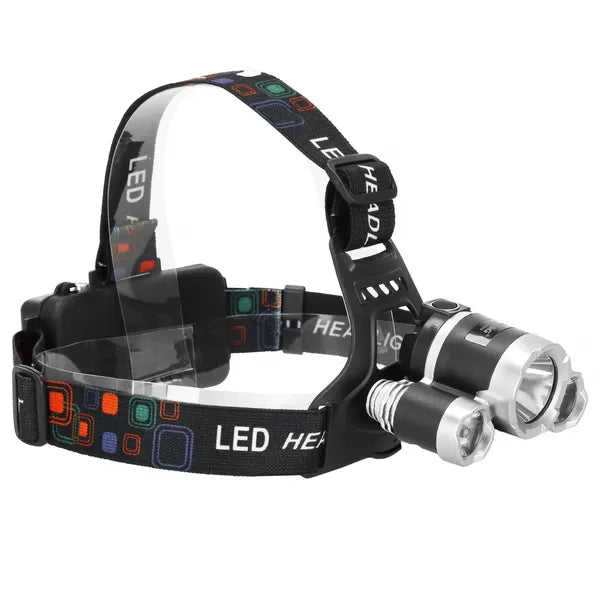 Springos fejlámpa 3×CREE T6 LED-del, 4 üzemmód, 2×18650 akkumulátor