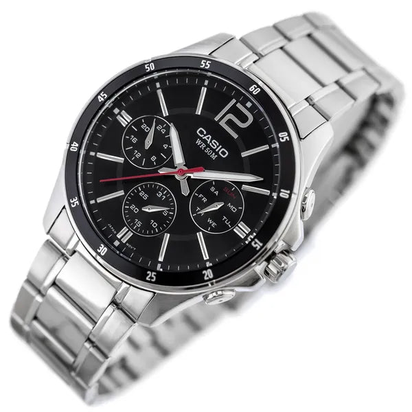 Casio MTP-1374D-1AV férfi karóra, acél, fekete számlap, WR50, kronográf