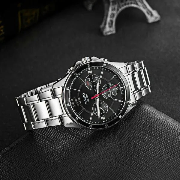 Casio MTP-1374D-1AV férfi karóra, acél, fekete számlap, WR50, kronográf