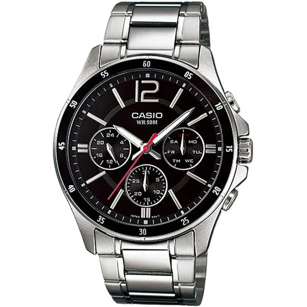 Casio MTP-1374D-1AV férfi karóra, acél, fekete számlap, WR50, kronográf
