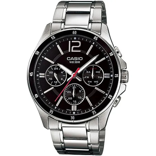 Casio MTP-1374D-1AV férfi karóra, acél, fekete számlap, WR50, kronográf