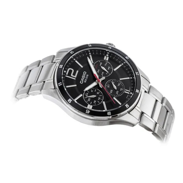 Casio MTP-1374D-1AV férfi karóra, acél, fekete számlap, WR50, kronográf