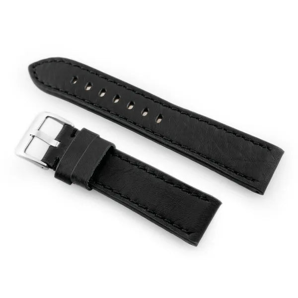 Prémium fekete bőrszíj ezüst csattal, 22 mm