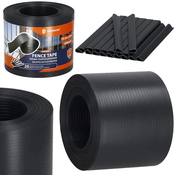 Grafitszürke PVC kerítéstakaró szalag 19×35 m 1200 g/m² 20 klipsszel