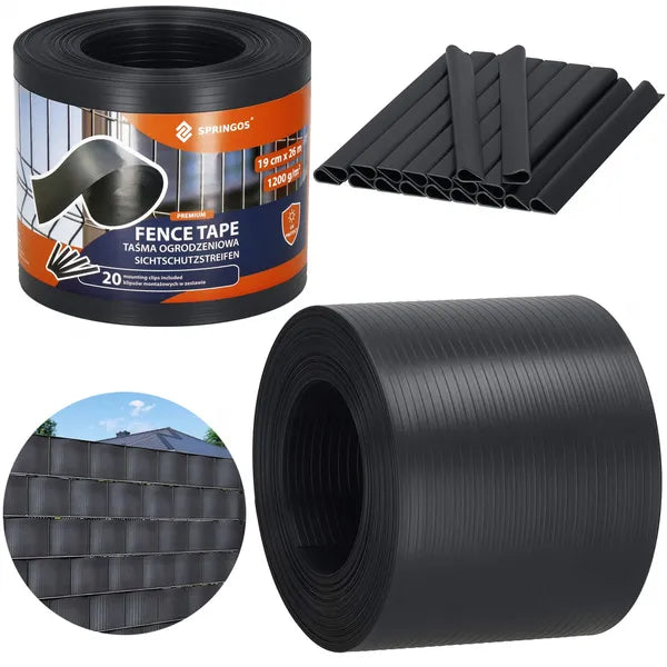 Grafitszürke PVC kerítéstakaró szalag 19×35 m 1200 g/m² 20 klipsszel