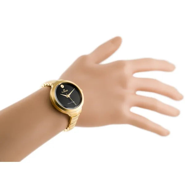 G. Rossi női karóra, arany színű fém szíj, fekete számlap, 34x39 mm, WR30