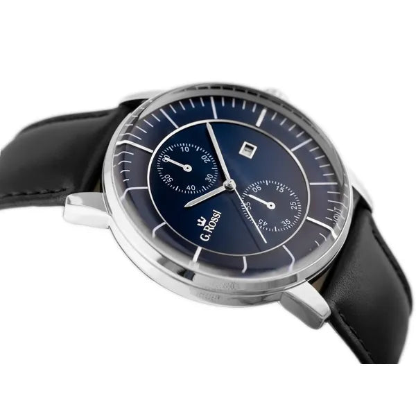 G. Rossi férfi karóra ezüst tok, kék számlap, fekete bőrszíj 46 mm