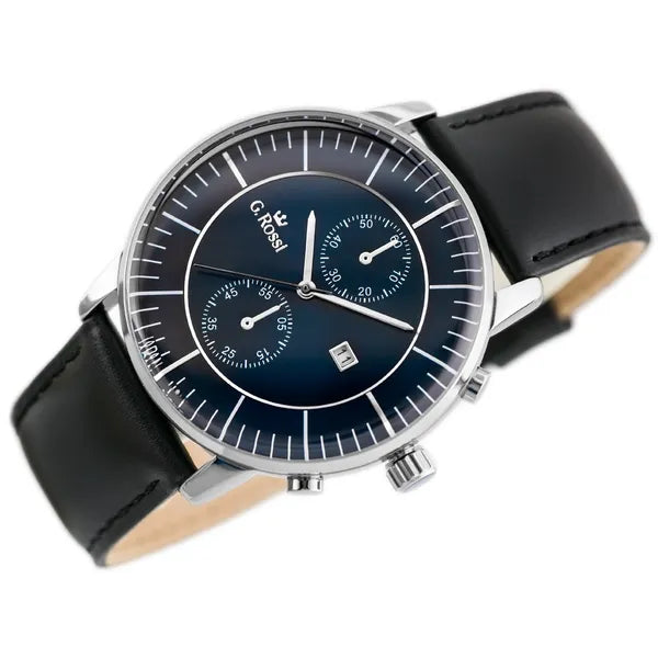 G. Rossi férfi karóra ezüst tok, kék számlap, fekete bőrszíj 46 mm