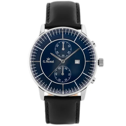 G. Rossi férfi karóra ezüst tok, kék számlap, fekete bőrszíj 46 mm