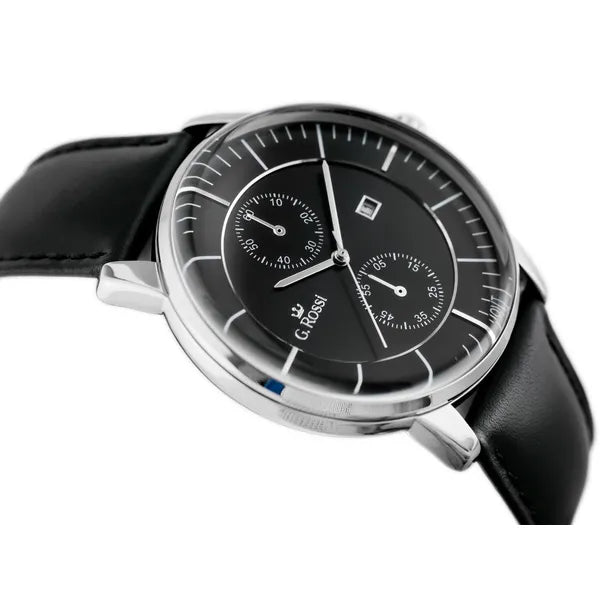 G. Rossi férfi karóra, Miyota kvarc, fekete bőr szíj, 46 mm