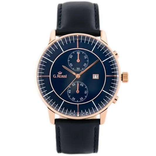 G. Rossi férfi karóra, 46 mm rózsaarany tok, kék számlap, bőrszíj