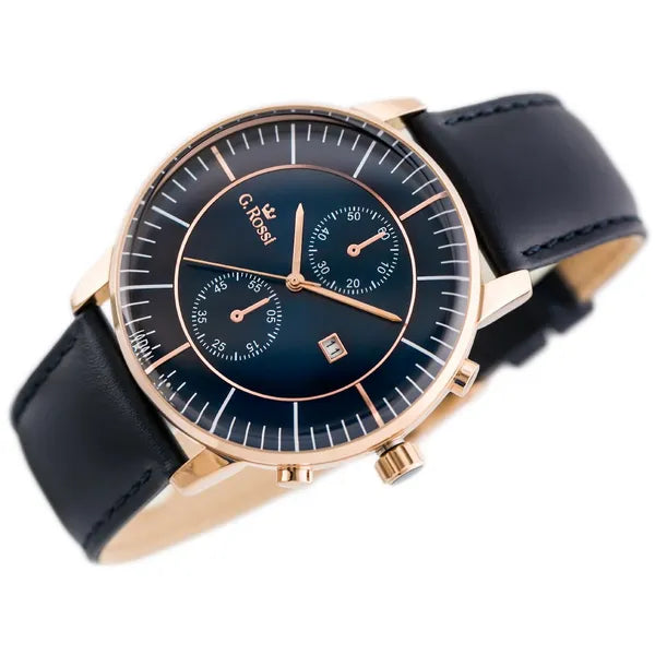 G. Rossi férfi karóra, 46 mm rózsaarany tok, kék számlap, bőrszíj