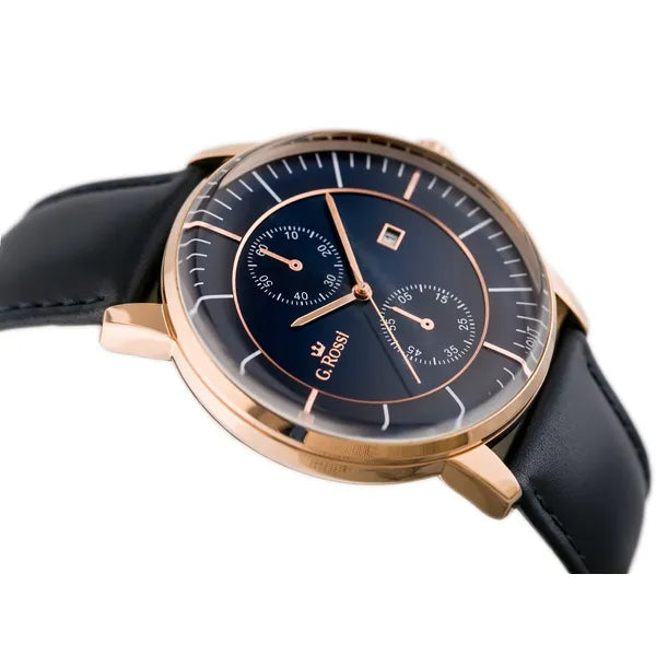 G. Rossi férfi karóra, 46 mm rózsaarany tok, kék számlap, bőrszíj