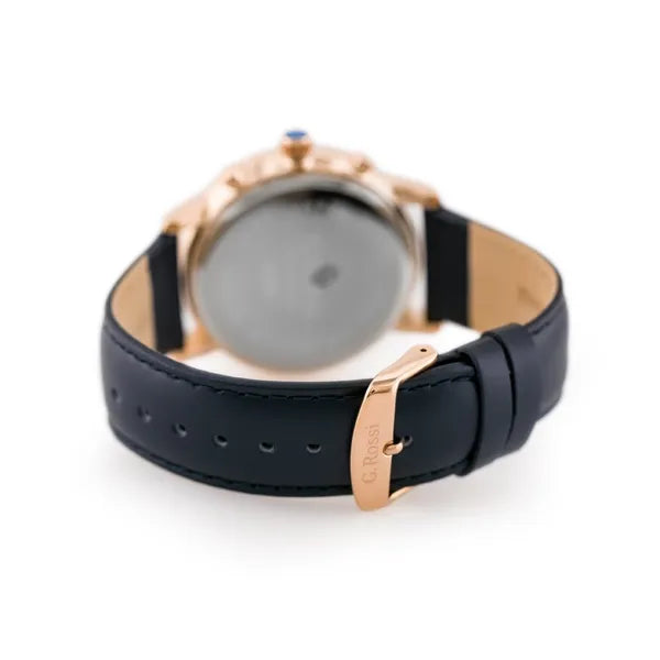 G. Rossi férfi karóra, 46 mm rózsaarany tok, kék számlap, bőrszíj