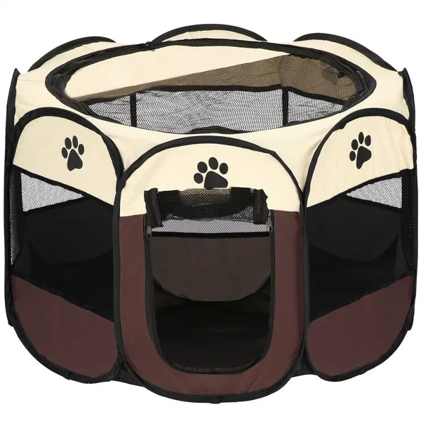 Összecsukható poliészter állatkennel, 81×81×60 cm, bézs-fekete-barna