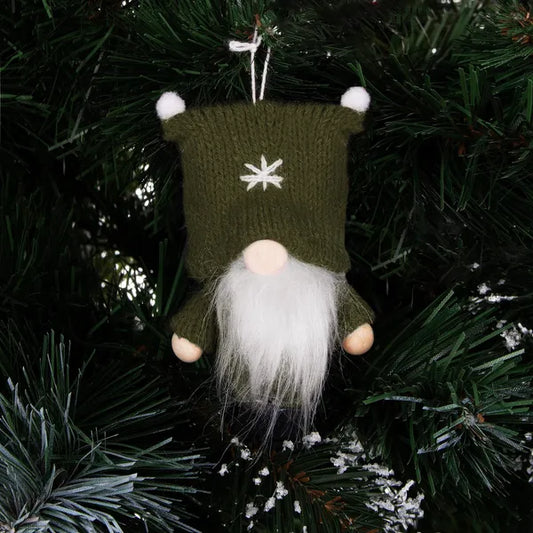 Zöld textil karácsonyi manófigura 8 cm, akasztóval, fa végtagokkal