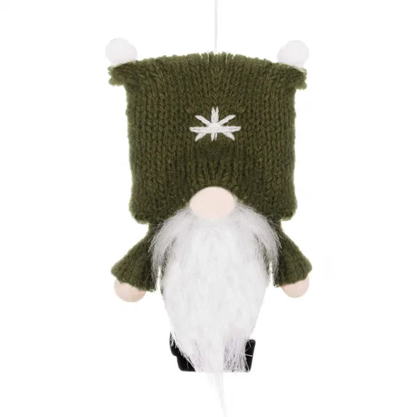 Zöld textil karácsonyi manófigura 8 cm, akasztóval, fa végtagokkal
