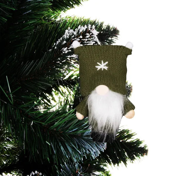 Zöld textil karácsonyi manófigura 8 cm, akasztóval, fa végtagokkal