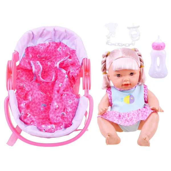Beszélő baba hordozóval és etető kiegészítőkkel, 30 cm