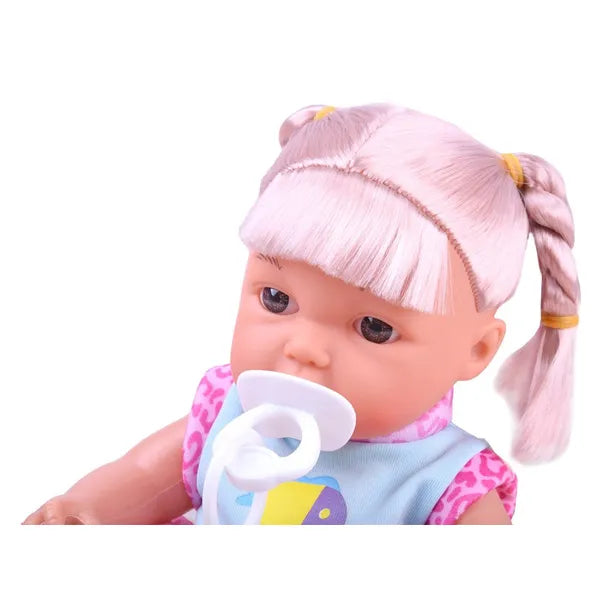 Beszélő baba hordozóval és etető kiegészítőkkel, 30 cm