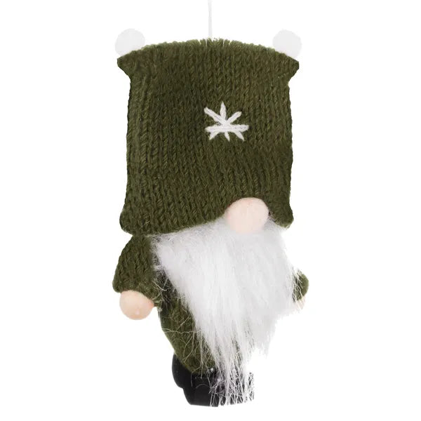 Zöld textil karácsonyi manófigura 8 cm, akasztóval, fa végtagokkal