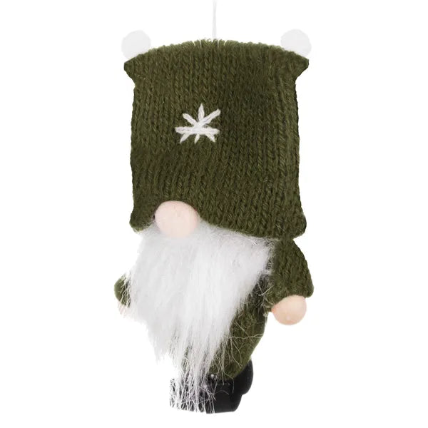 Zöld textil karácsonyi manófigura 8 cm, akasztóval, fa végtagokkal