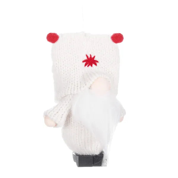 Fehér karácsonyi gnóm dísz akasztóval, poliészter, 8 cm