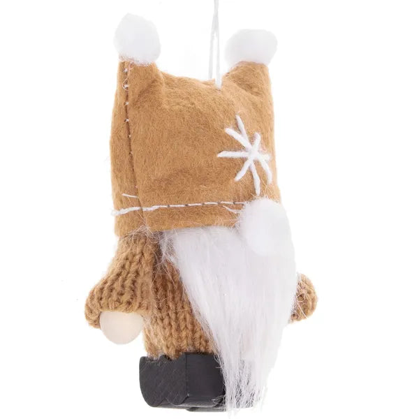 Karácsonyi díszítő manó, barna, 8 cm, akasztható, fa végtagok
