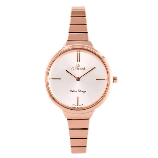 Női rosegold G. Rossi kvarc karóra ezüst számlappal, fém szíj, WR30, 33×37 mm
