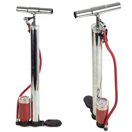 Fémlábpumpa manométerrel, 55 cm tömlő, univerzális szelep – autó/bicikli