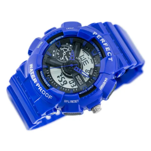 Férfi kék Shock karóra, quartz, WR30, LED háttérvilágítással, stopperrel
