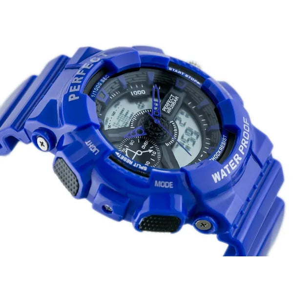 Férfi kék Shock karóra, quartz, WR30, LED háttérvilágítással, stopperrel