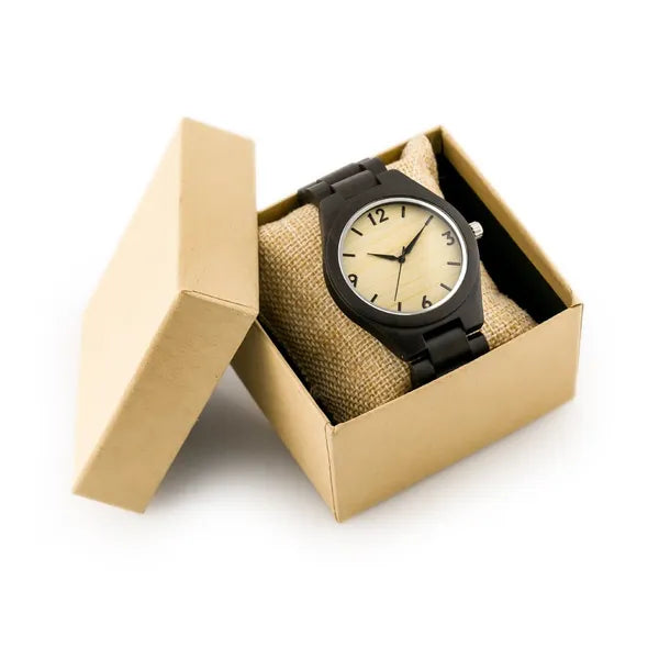 Férfi fa karóra 46 mm, kvarc WR30, bronz szíj, díszdobozzal