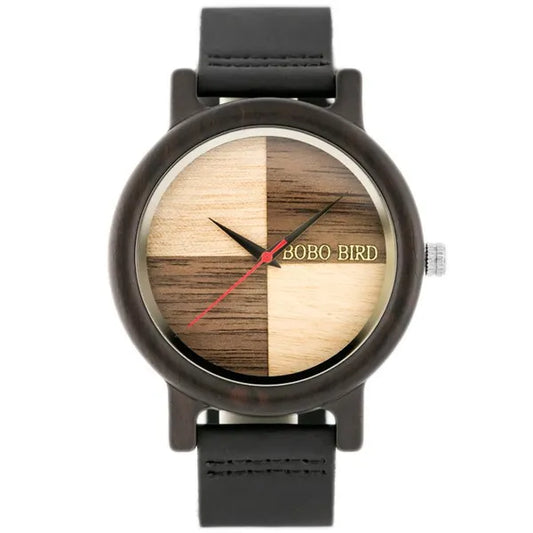 Férfi fa karóra fekete bőrszíjjal, 45 mm tok, quartz
