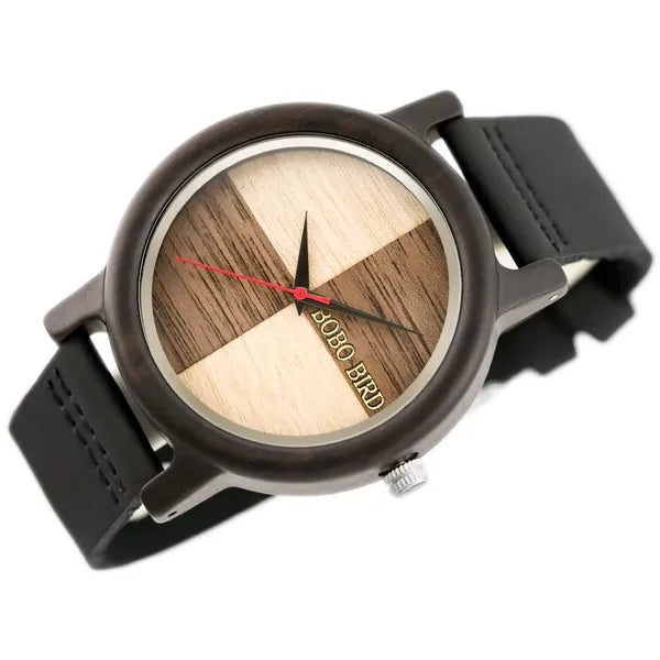 Férfi fa karóra fekete bőrszíjjal, 45 mm tok, quartz