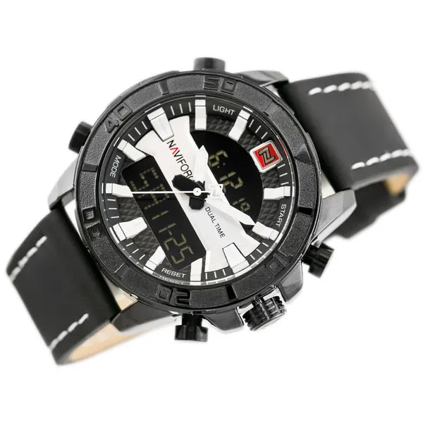 NAVIFORCE NF9114 férfi analóg-digitális karóra, bőr szíj, fekete/ezüst, 50 mm